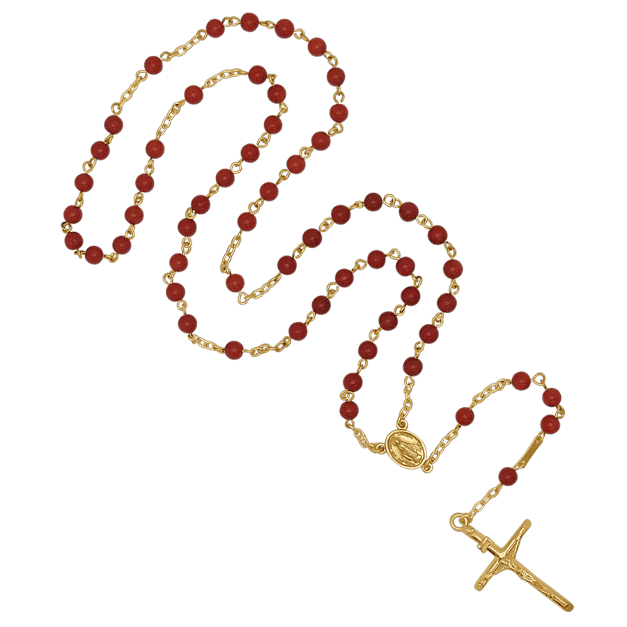 CORAL ROSARY - GOLDEN SILVER