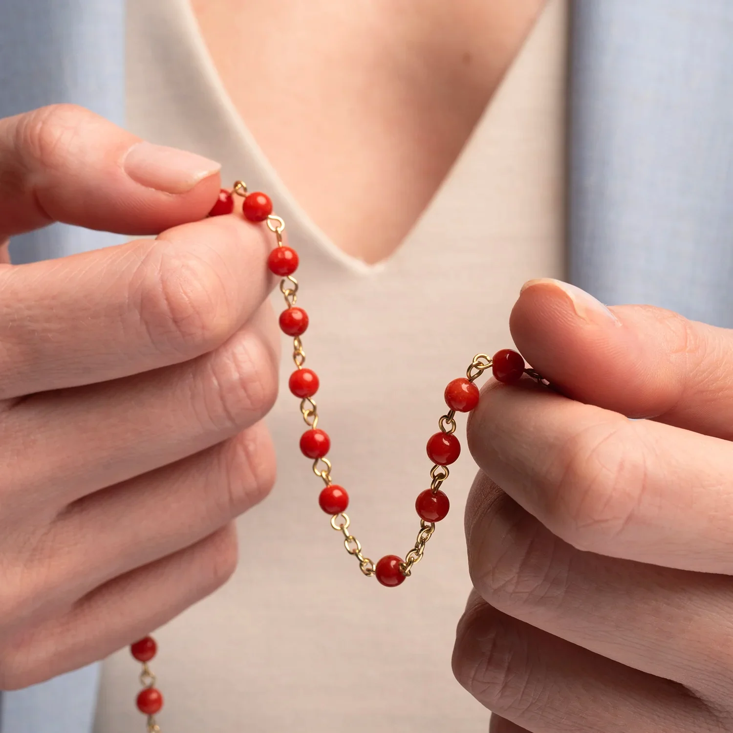 CORAL ROSARY - GOLDEN SILVER - Image 3