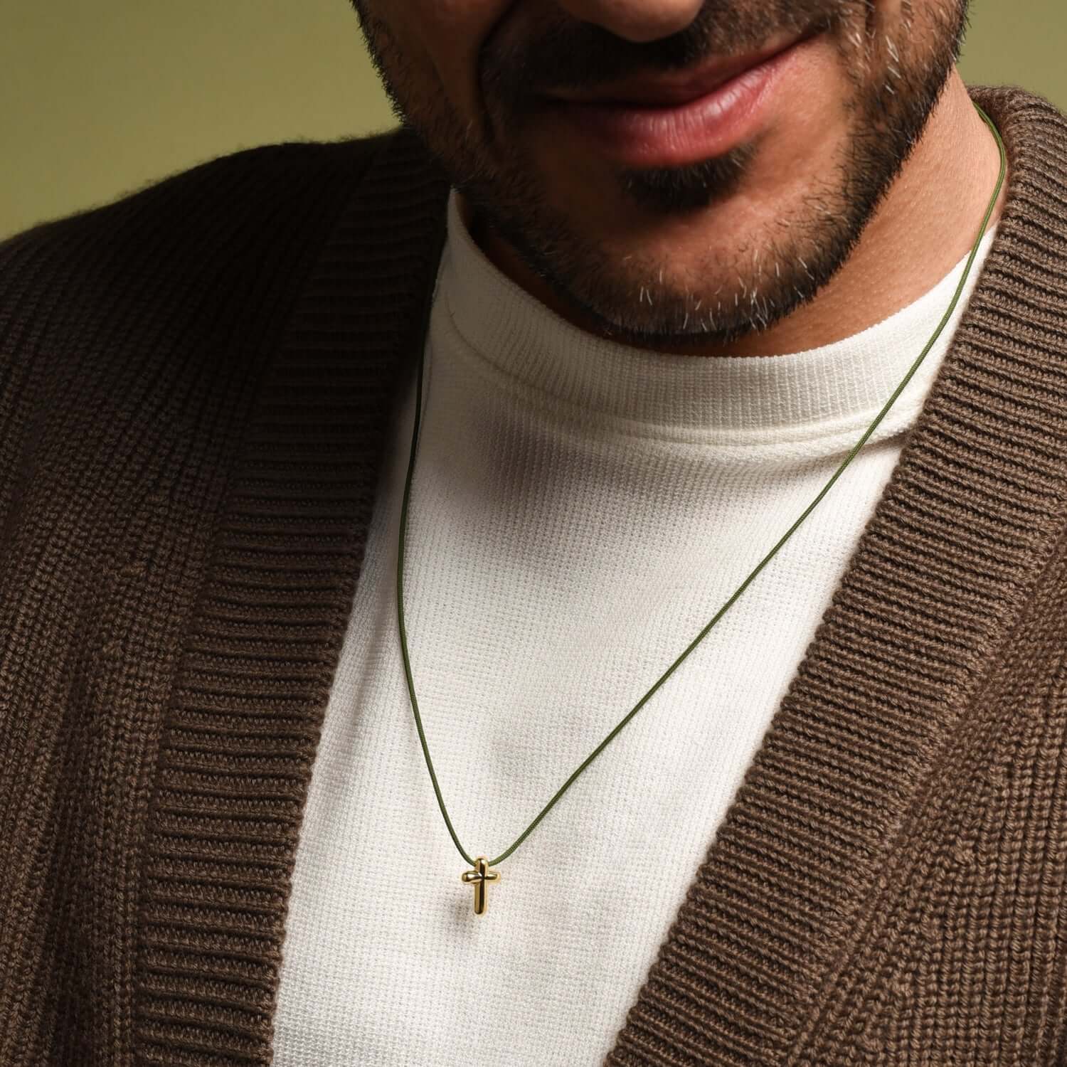 CROSS NECKLACE - GREEN ROPE AND GOLDEN SILVER - Image 2