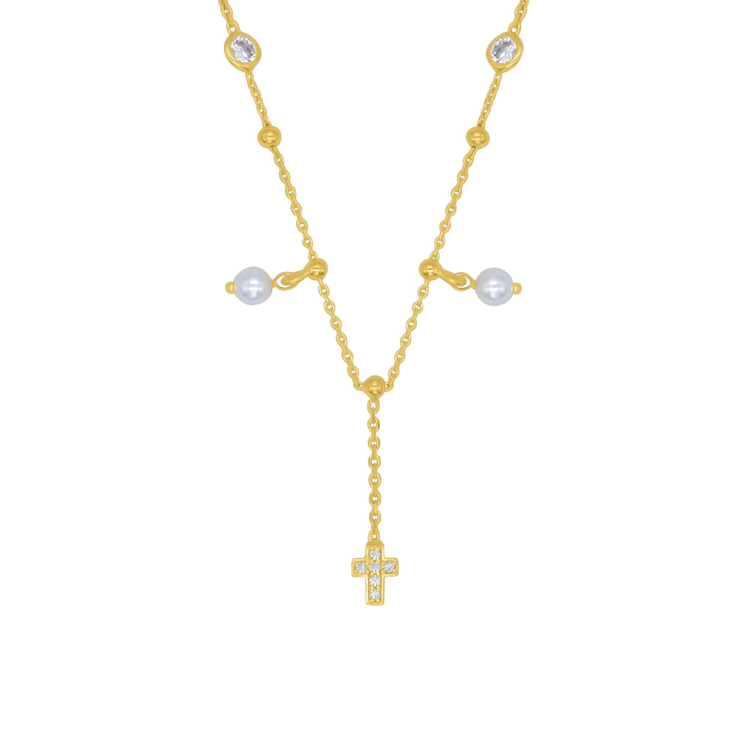 CROSS NECKLACE - PEARL AND GOLDEN SILVER
