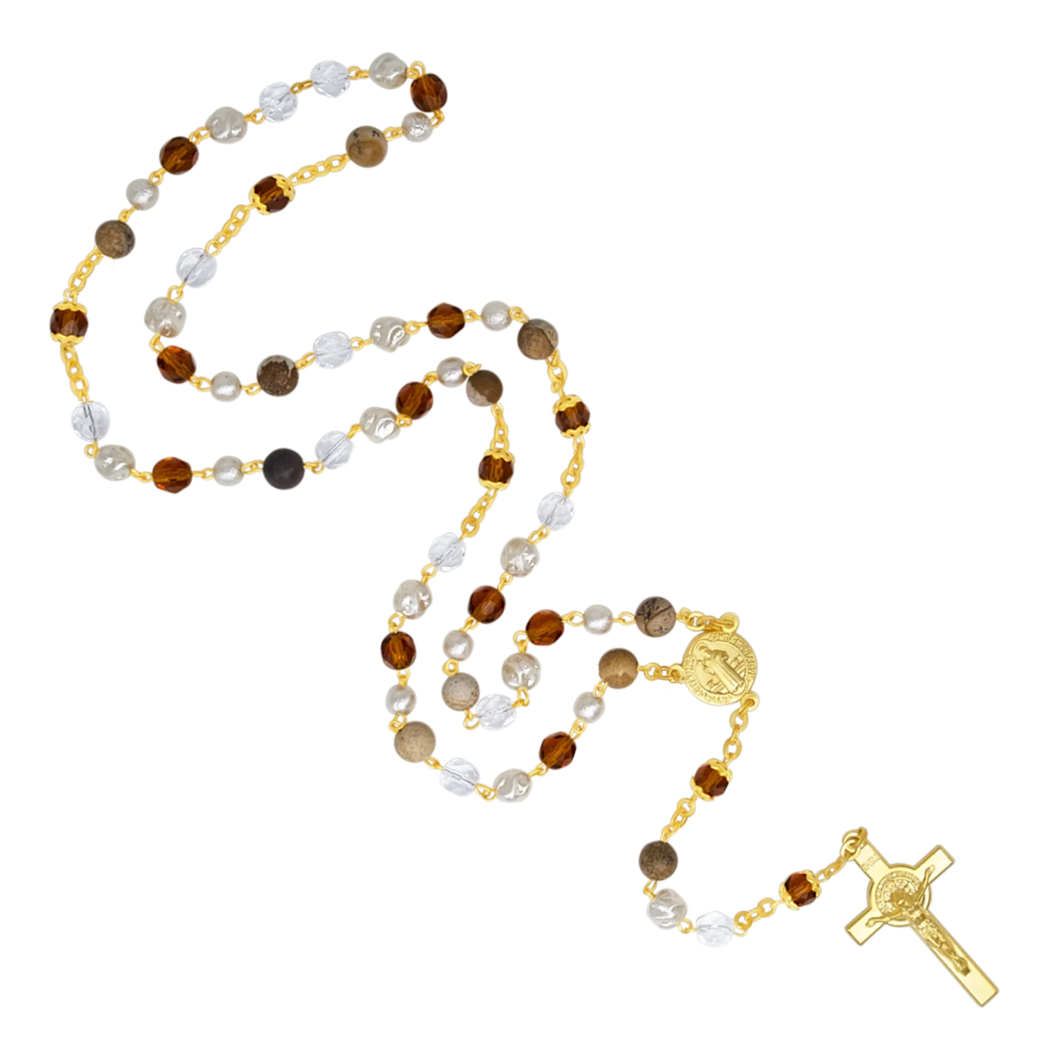 CRYSTALS AND STONES - ST BENEDICT ROSARY - GOLDEN METAL