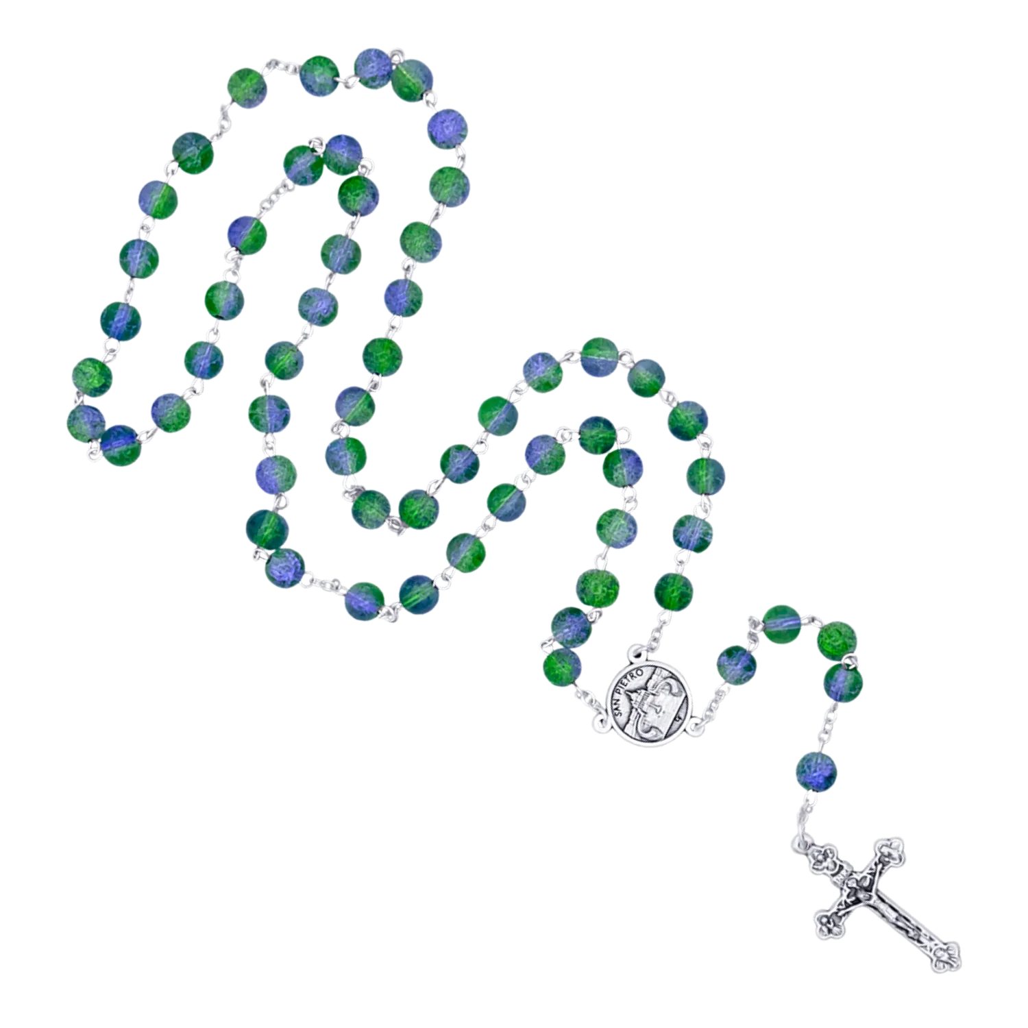 GREEN AND PURPLE GLASS - ROSARY - METAL