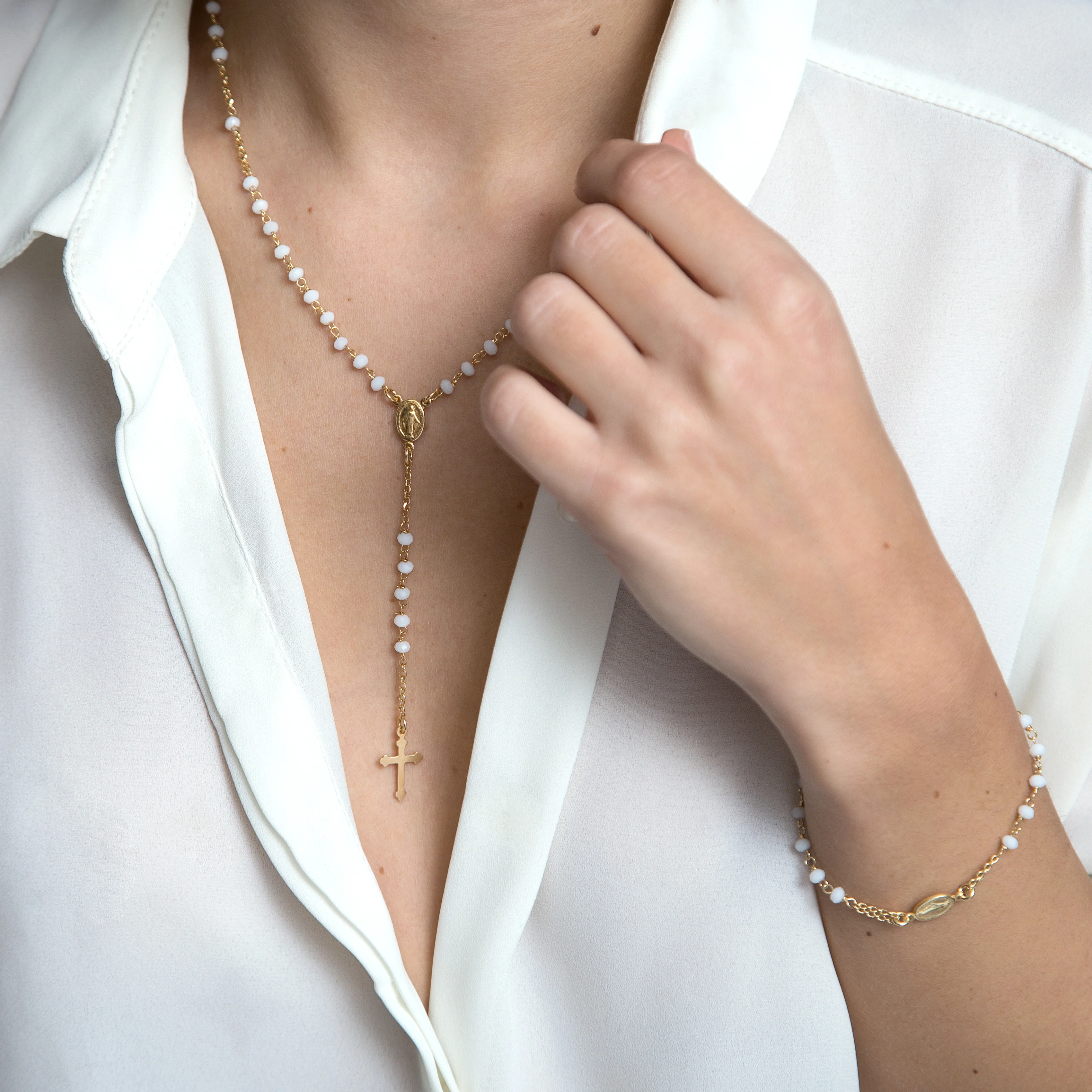 MIRACULOUS MEDAL AND CROSS - BRACELET - GOLDEN SILVER - Image 3