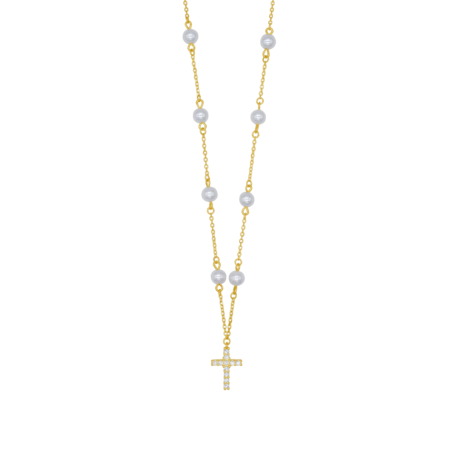 PEARL CROSS NECKLACE - GOLDEN SILVER
