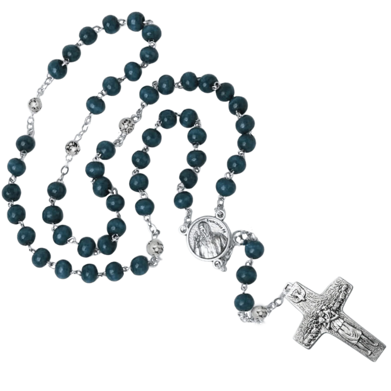POPE FRANCIS - BLUE WOODEN BEADS ROSARY - METAL