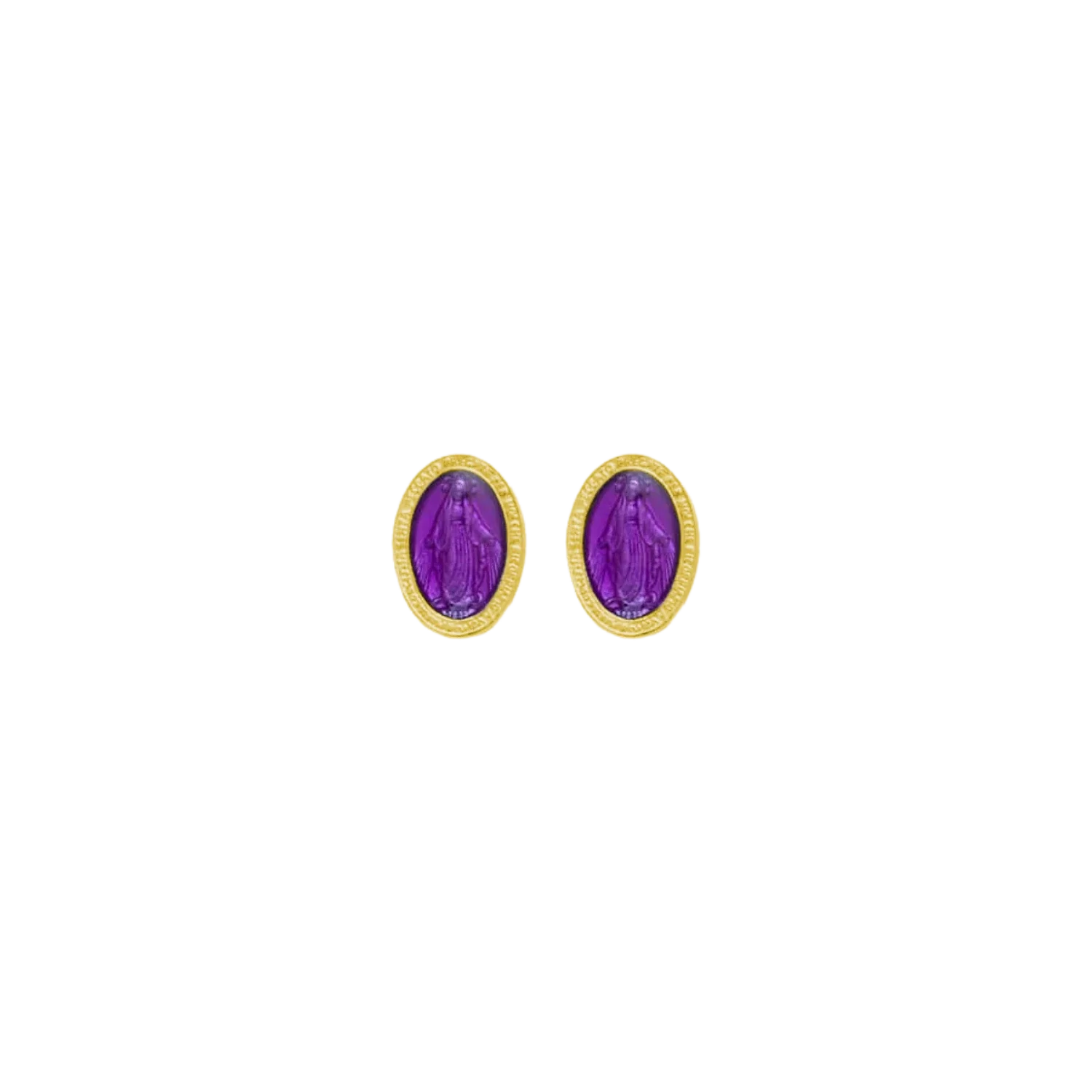 PURPLE MIRACULOUS MEDAL EARRINGS - GOLDEN SILVER
