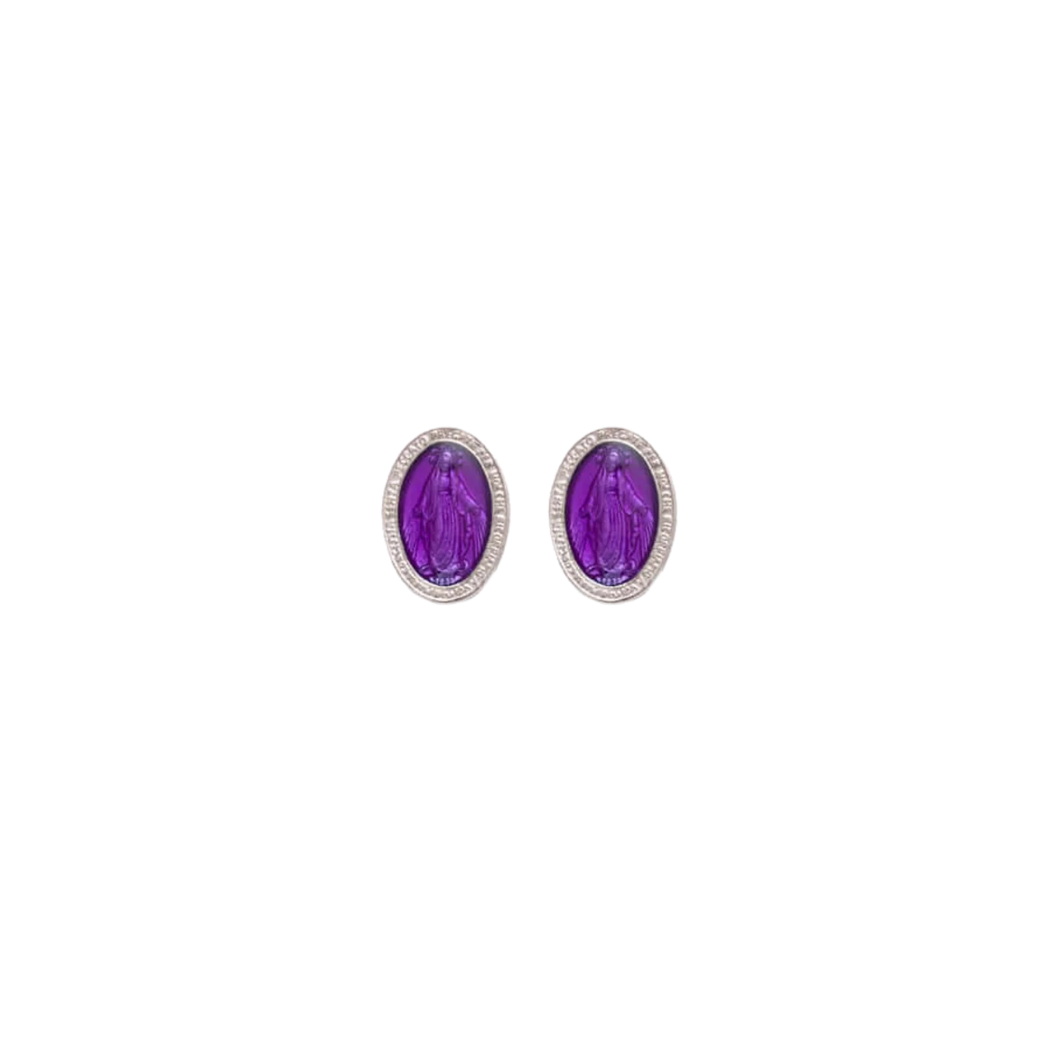 PURPLE MIRACULOUS MEDAL - STUD EARRINGS - SILVER