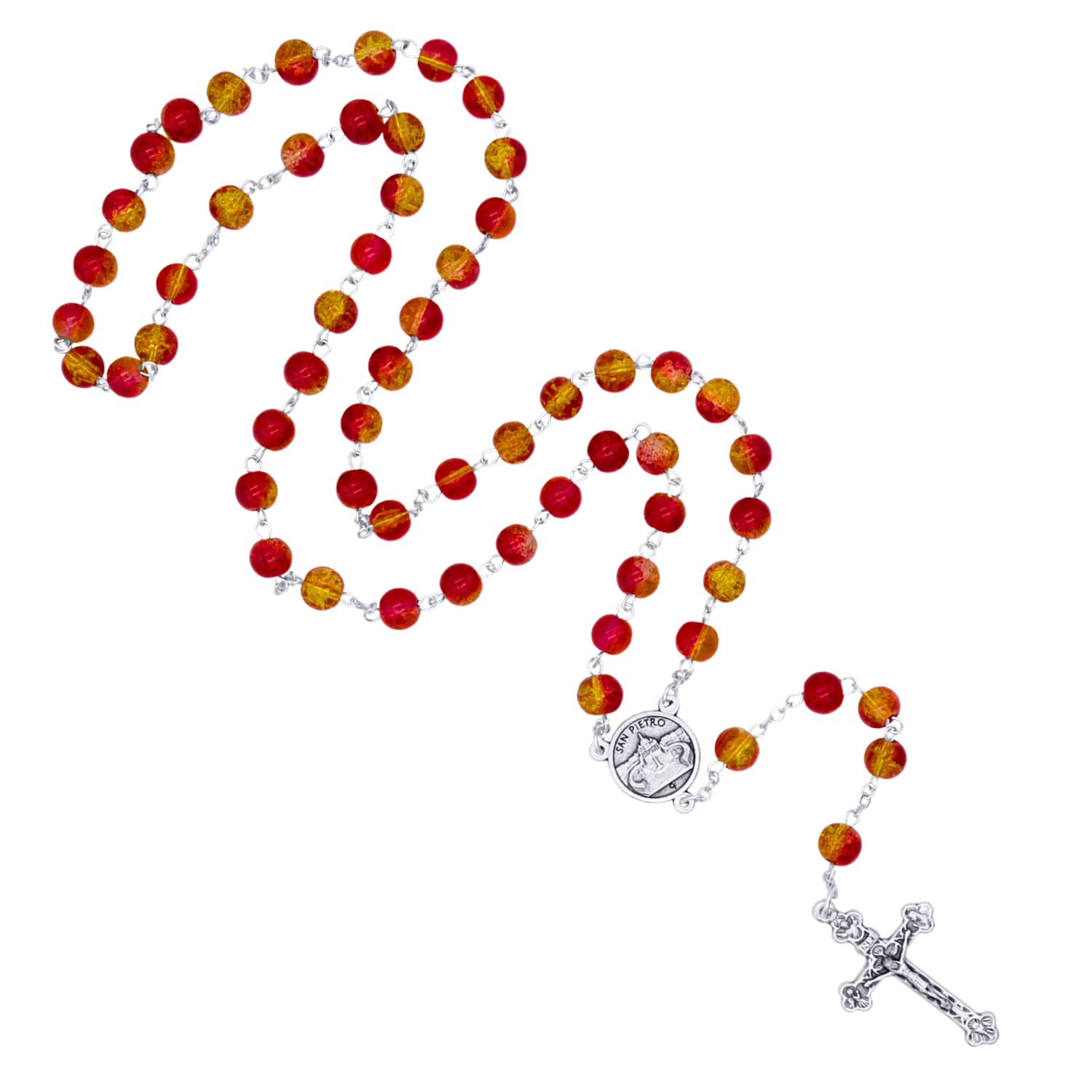 RED AND YELLOW GLASS - ROSARY - METAL