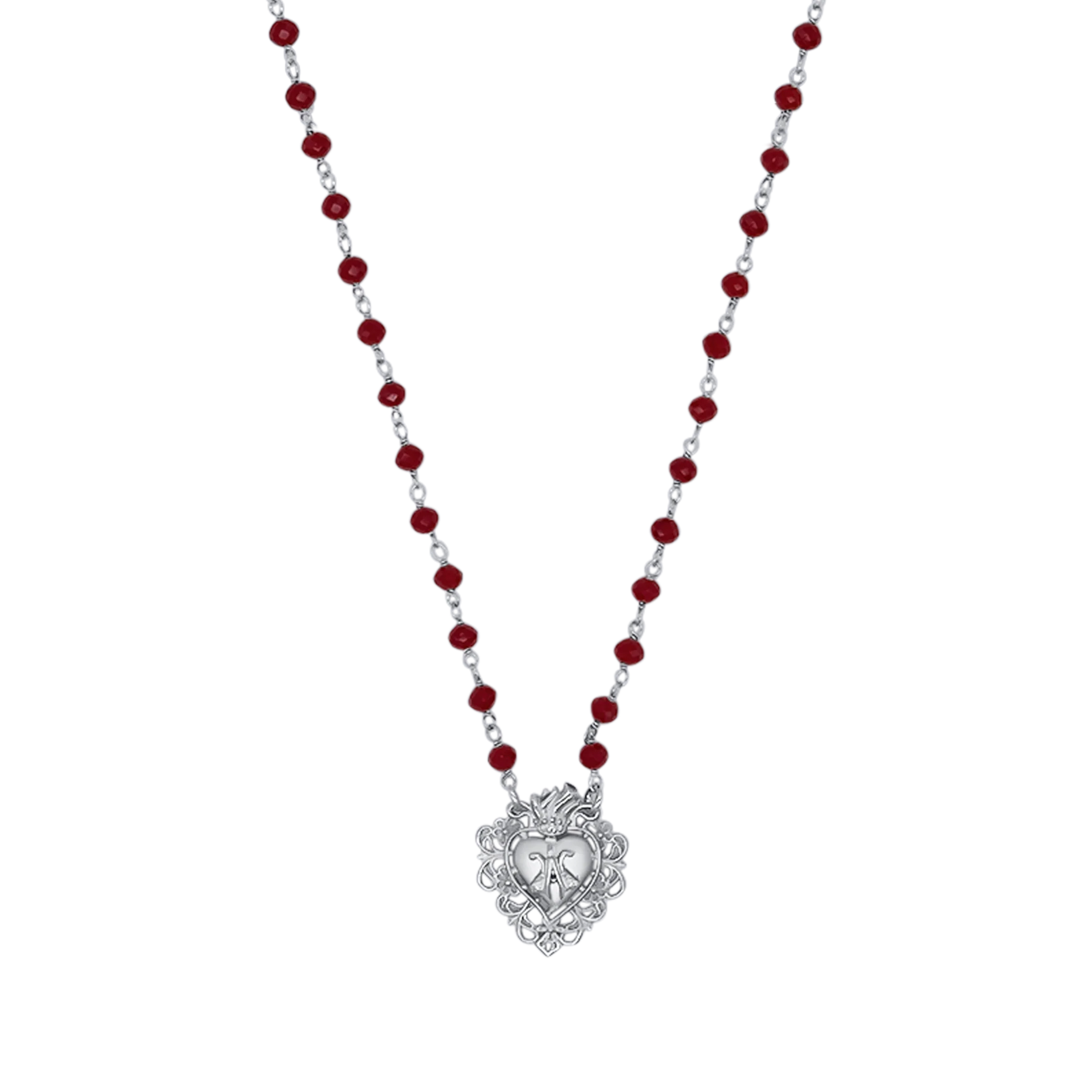 SACRED HEART NECKLACE - SILVER AND RED CRYSTALS