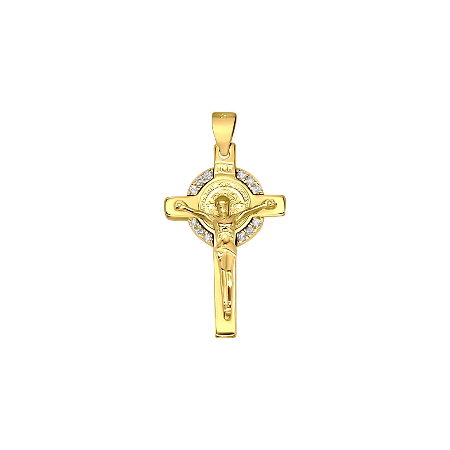 ST BENEDICT CRUCIFIX - GOLDEN SILVER AND ZIRCONIA